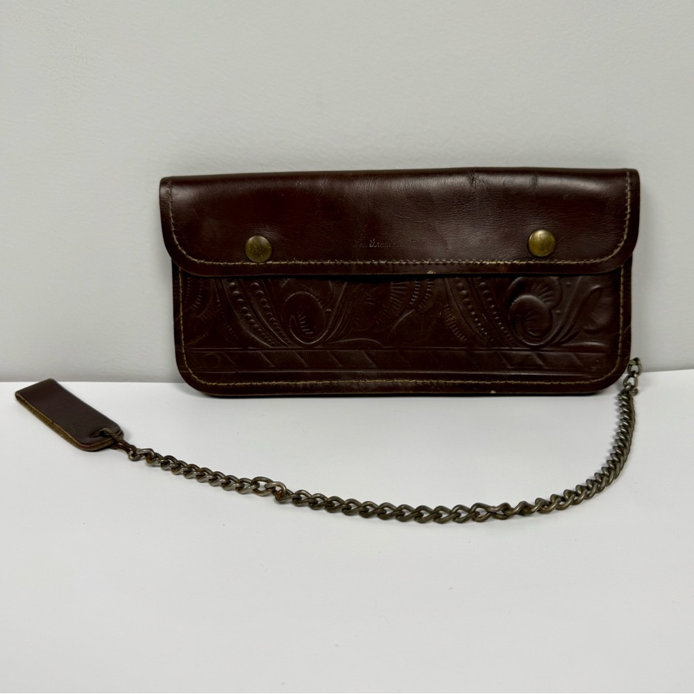 Rare 50s Vintage Brown Leather Clutch with Chain